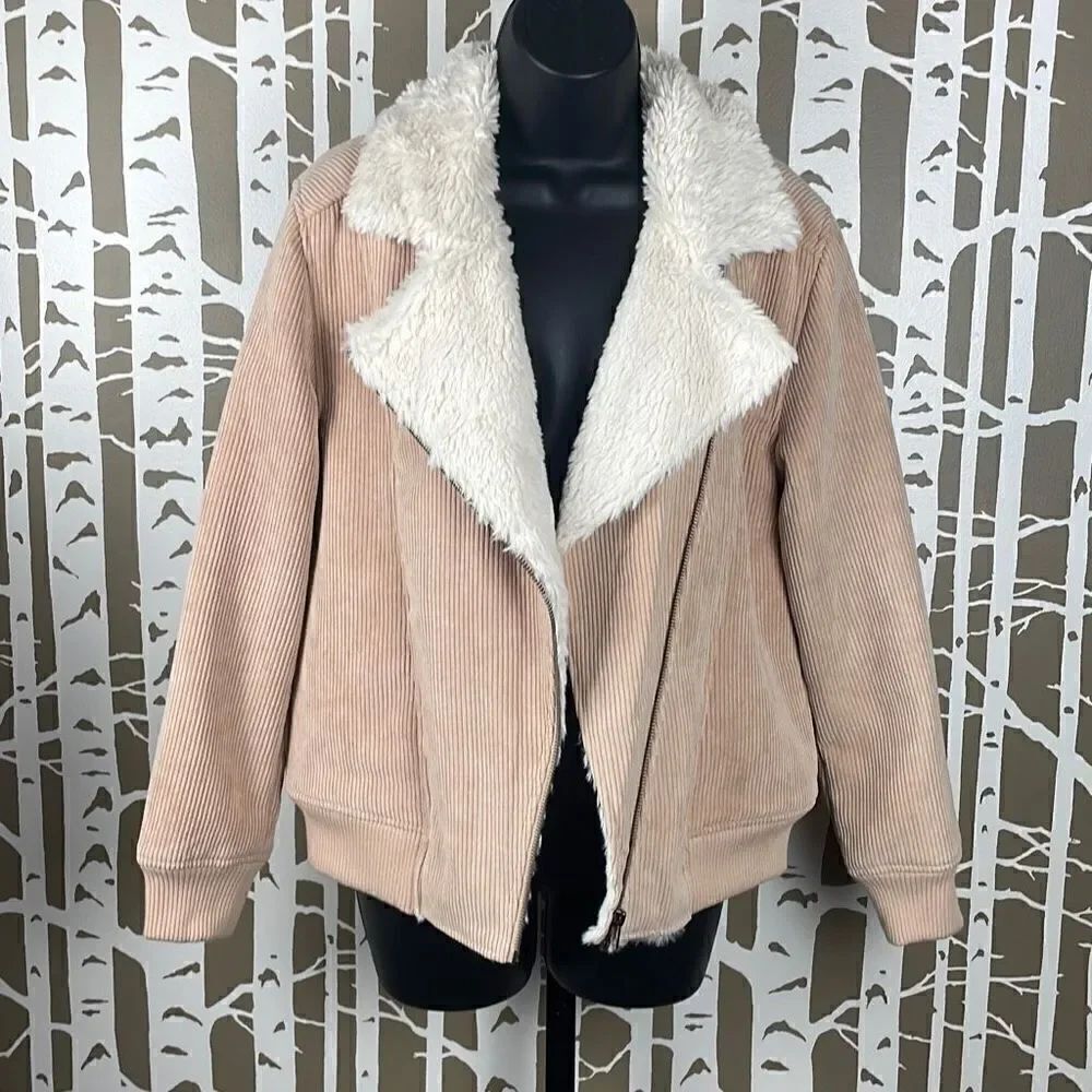 Minkpink Blush Corduroy Faux Fur Sherpa Lined Asymmetrical Zip Bomber Jacket XS